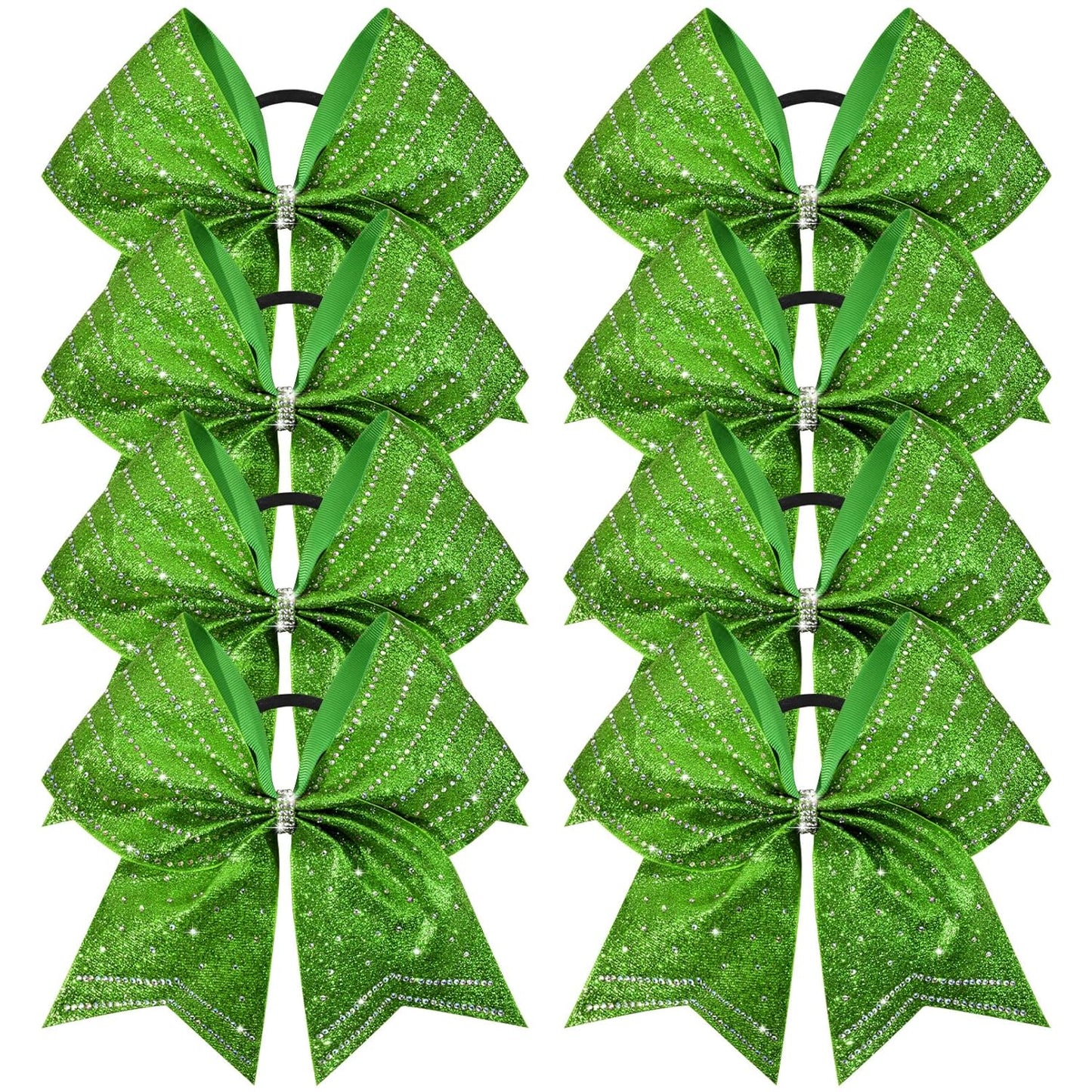 DEEKA 8PCS Green Stripes Glitter Cheer Bows - Iridescent Rhinestones | Large 8" Ponytail Holders for Cheerleaders & Sports