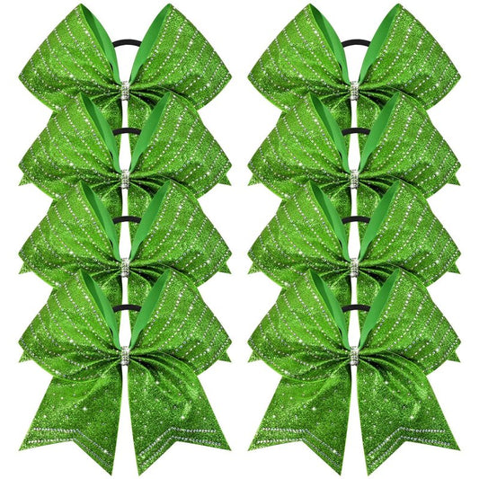 DEEKA 8PCS Green Stripes Glitter Cheer Bows - Iridescent Rhinestones | Large 8" Ponytail Holders for Cheerleaders & Sports
