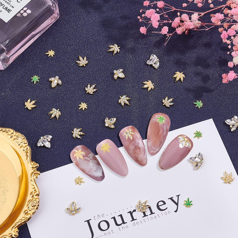 arricraft 35 Pcs 7 Styles Alloy Rhinestone Nail, Maple Leaf Shape Nail Art Rhinestone Studs Alloy Crystal Charms for Nails Art Decoration Supplies
