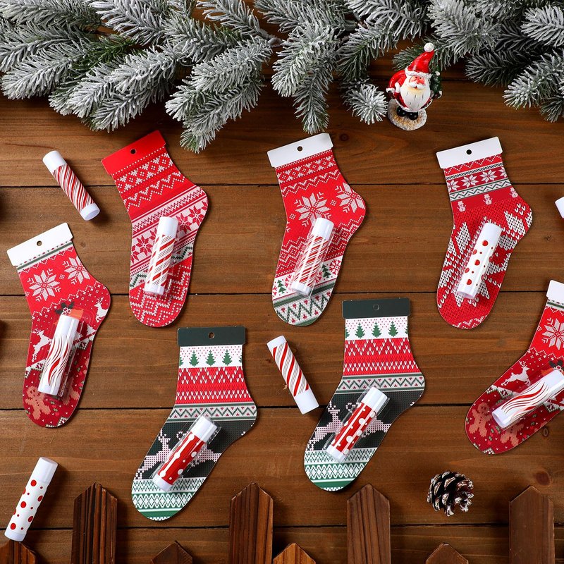 Leelosp 25 Pack Christmas Lip Balm Bulk Christmas Santa Sock Candy Peppermint Cane Scented Lip Balms Bulk Holiday Favor Gifts Xmas Party Gifts Xmas Items Stocking Stuffers for Women Men Staff Employee