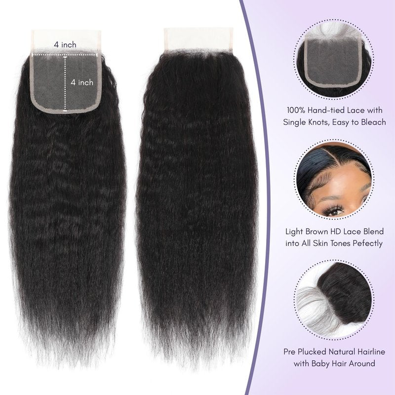 AUROO 2x6 Kim K Lace Closure Only Yaki Straight Human Hair, 12A 100% Virgin Light Yaki Straight Long Deep Parting 2 by 6 HD Lace Closure Pre Plucked 180% Density Kinkystraight Natural Black Remy 14 In