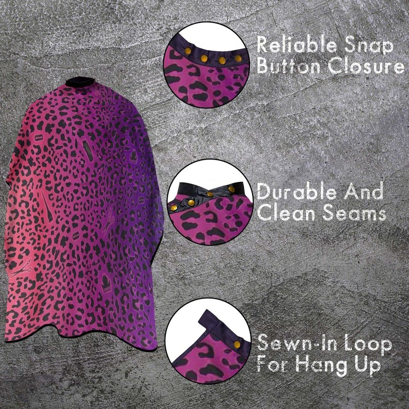 King Midas Barber Hair Cutting Cape for Men & Women - Adjustable Neck Hair Cape for Haircuts with Snap Button, Hairstylist Essentials - Leopard – Purple & Pink