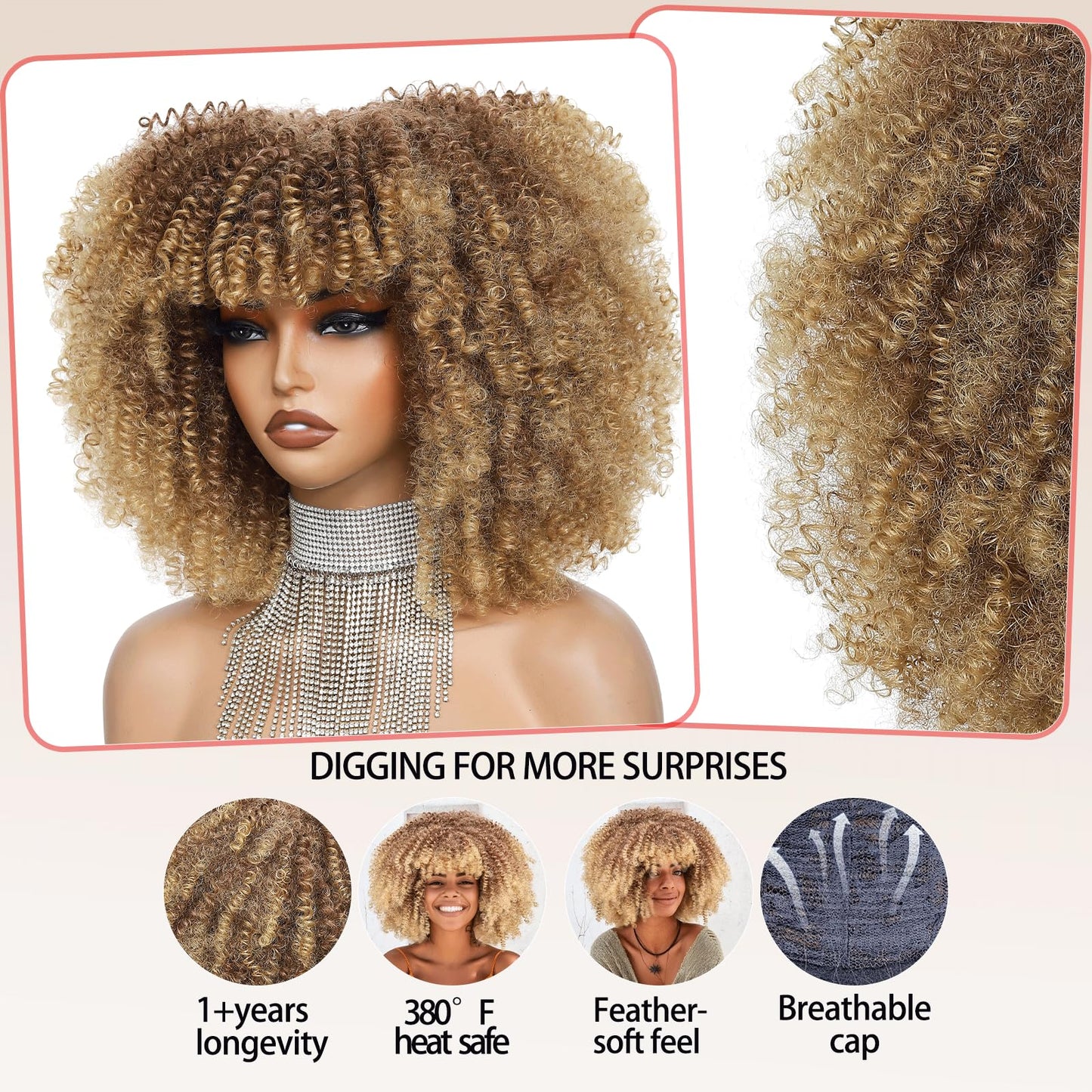 Charming cascade Curly Afro Wig with Bangs, Ombre Blonde 11 Inch Long Kinky Curly Wig, Voluminous Natural Fluffy Curly Synthetic Fiber Glueless Wigs for Black Women Hair Replacement Wigs