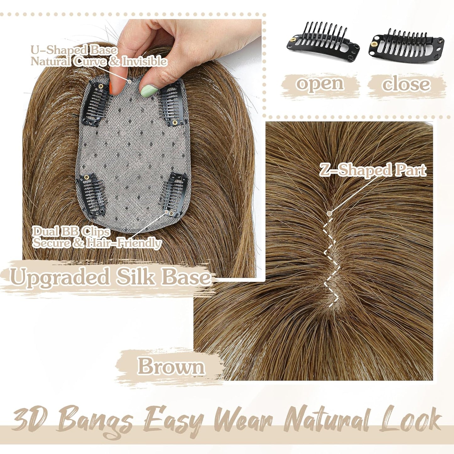 Human Hair Toppers for Women - 150% Density Clip-In Hairpiece with Bangs | 10-Inch Ash Brown for Thinning Hair