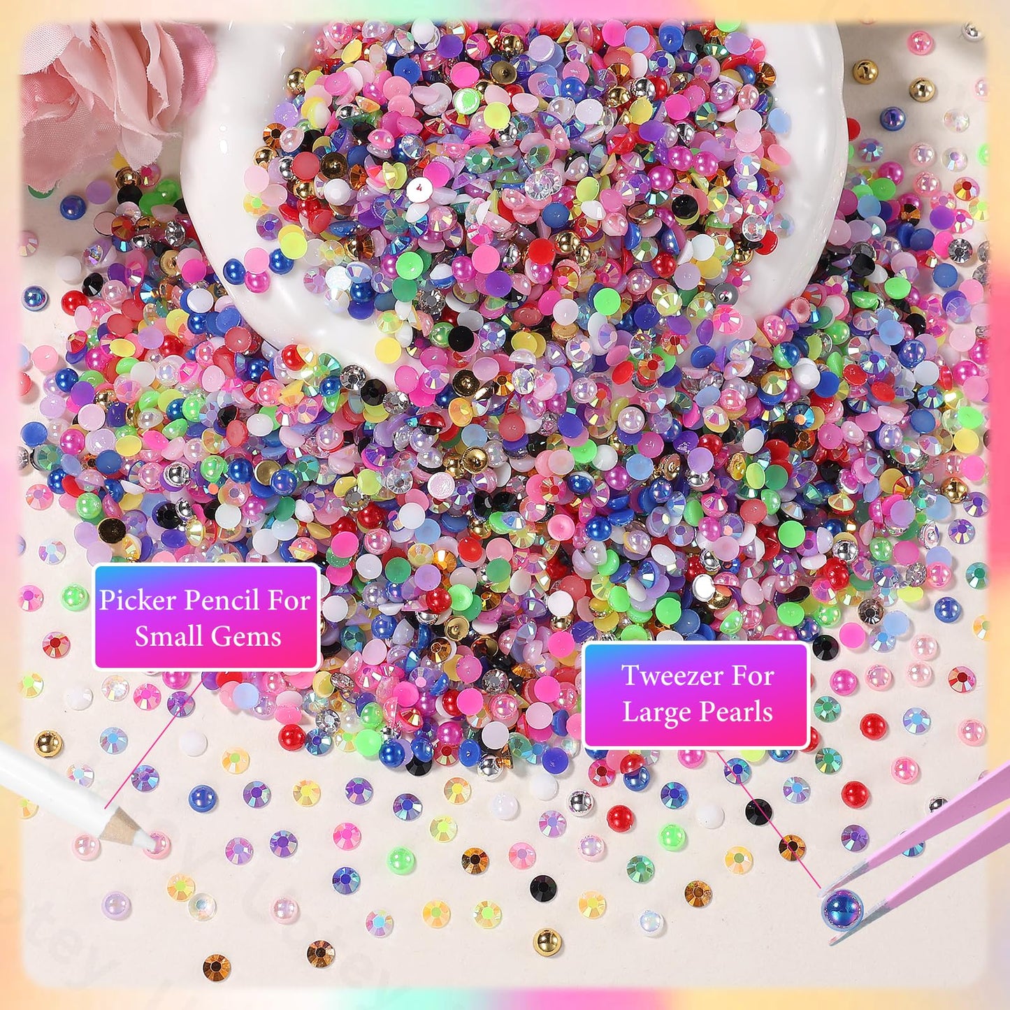 13000 Pcs 28 Color Flatback Pearls and Rhinestones for Crafting, 4mm Resin Jelly Rhinestones, Half Pearl Bedazzling Gems Diamond for Nails Eyes Face Makeup Tumblers DIY Crafts Shoes