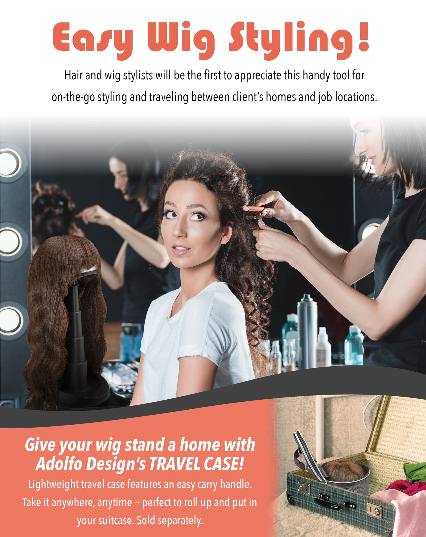 Adjustable Wig Head for Travel and Salon - Black Stand, Styrofoam Head, Collapsible Compact Stand Expands for Long and Short Wigs - by Adolfo Design