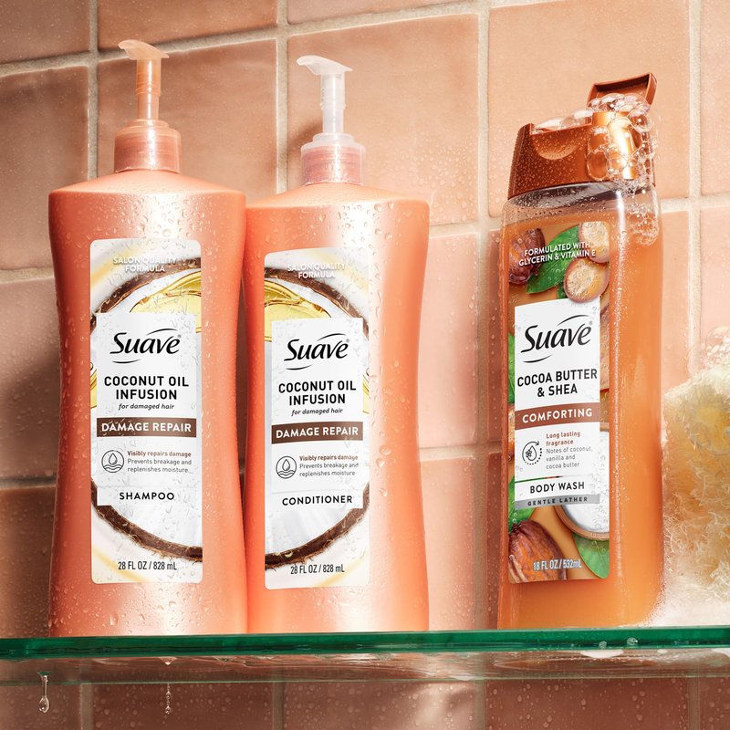 Suave Coconut Oil Infusion Conditioner for Damaged Hair, Salon-Proven Damage Repair System, Hydrates & Moisturizes for Visible Repair in 3 Uses, 28 FL OZ Pump, 4 Count
