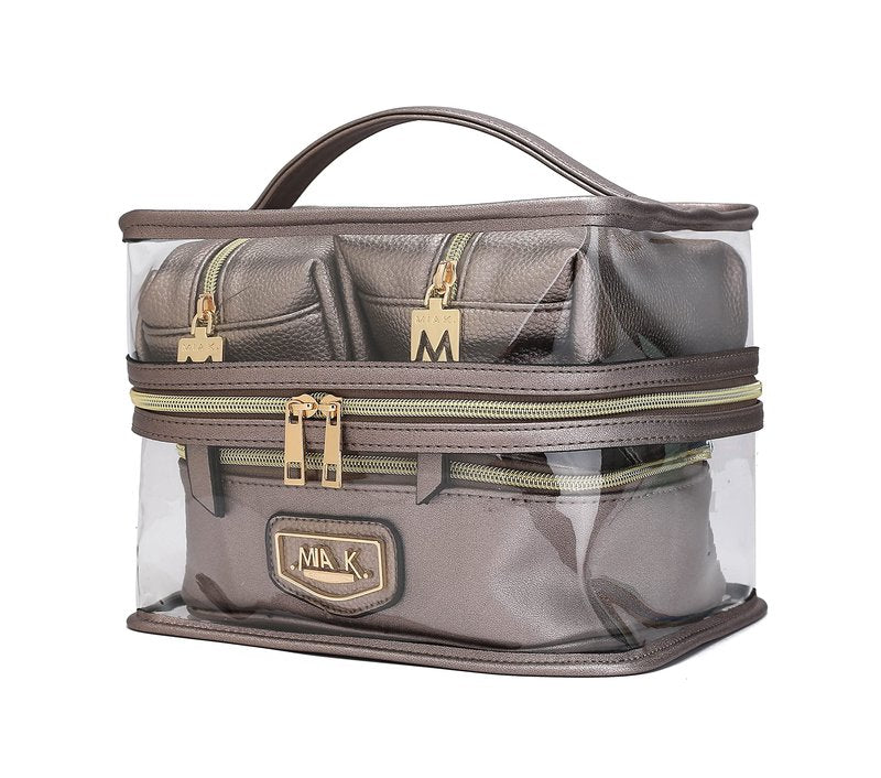 MKF Collection 4PCS Stylish Cosmetic Bag Portable Makeup Travel Organizer Case Pewter Silver by Mia k