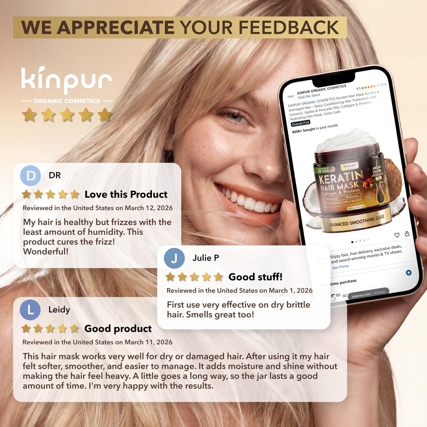 KINPUR ORGANIC COSMETICS Keratin Hair Mask for Dry & Damaged Hair – Deep Conditioning Hair Treatment with Coconut, Jojoba & Avocado Oils, Collagen & Protein – Hydrating Hair Mask, Color-Safe