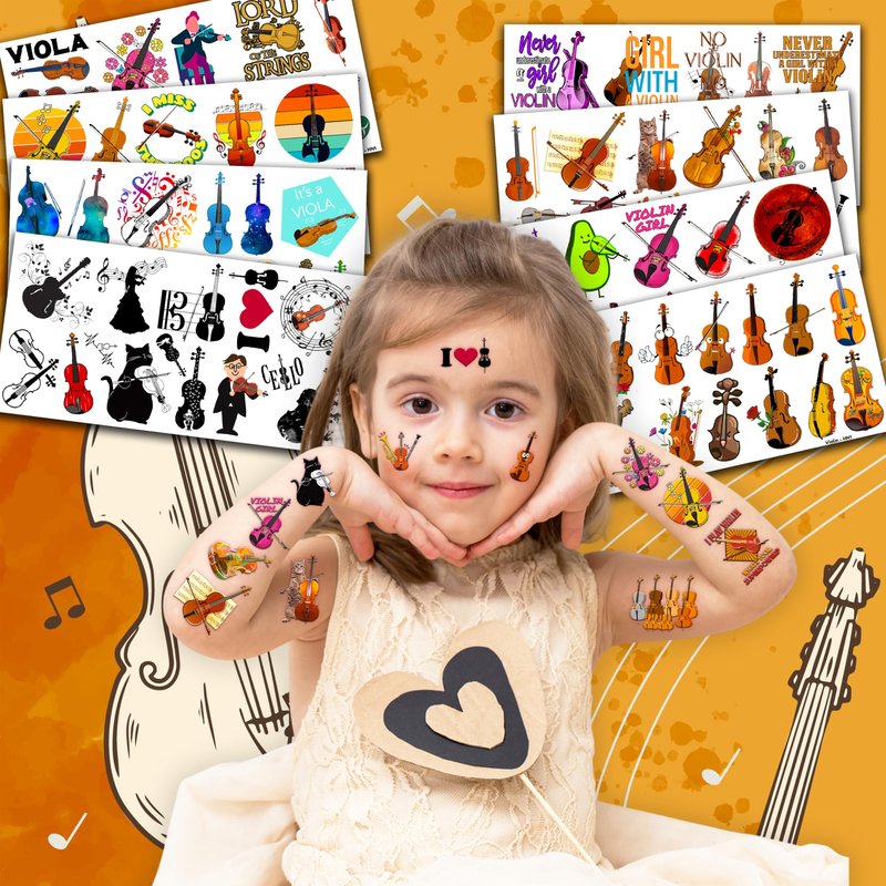 96PCS Violin Temporary Tattoos Music Themed Birthday Party Decorations Favors Supplies Decor Musical Instrument Orchestral Violinist Tattoo Stickers Gifts For Kids Boys Girls School Prizes Carnival