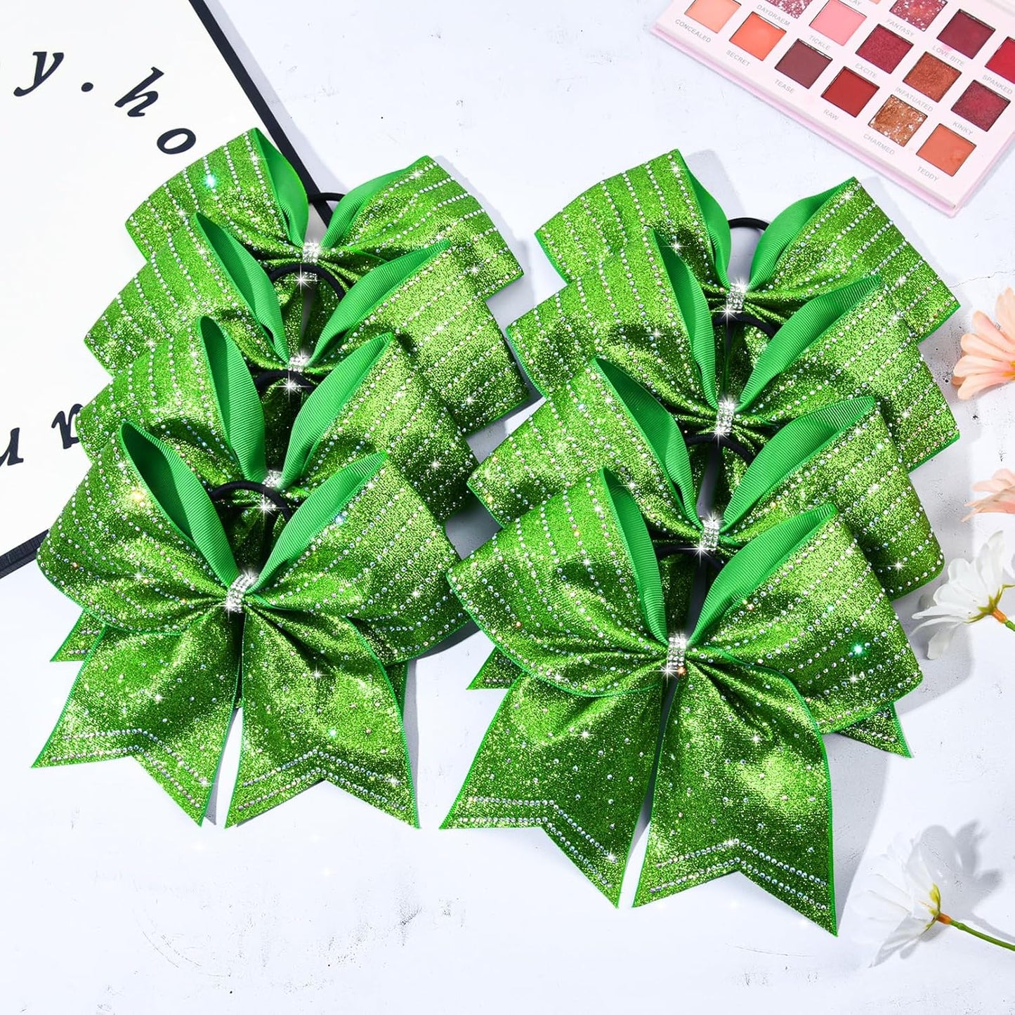 DEEKA 8PCS Green Stripes Glitter Cheer Bows - Iridescent Rhinestones | Large 8" Ponytail Holders for Cheerleaders & Sports