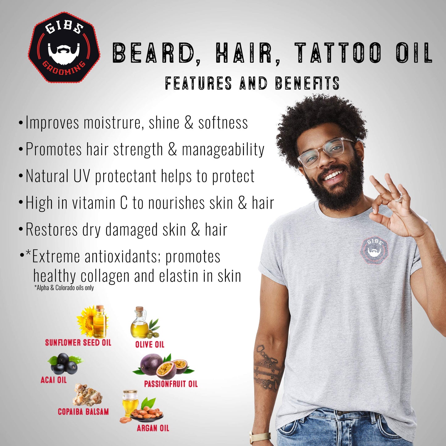 GIBS Grooming - Alpha Male Beard, Hair & Tattoo Oil (1 fl oz) Collectible Glass Skull Bottle - Softens & Strengthens - Skin Moisturizer - Vitamin C - UV Shield - Travel Size - Beard Oil - Made in USA