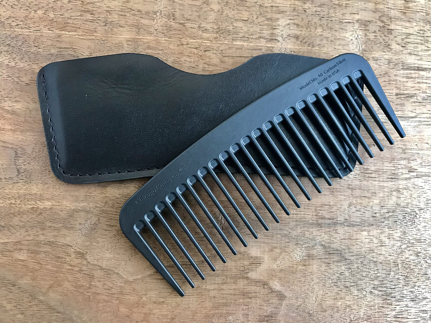 Chicago Comb Model 10 Carbon Fiber + Black Horween Leather Sheath, Wide Tooth, Made in USA