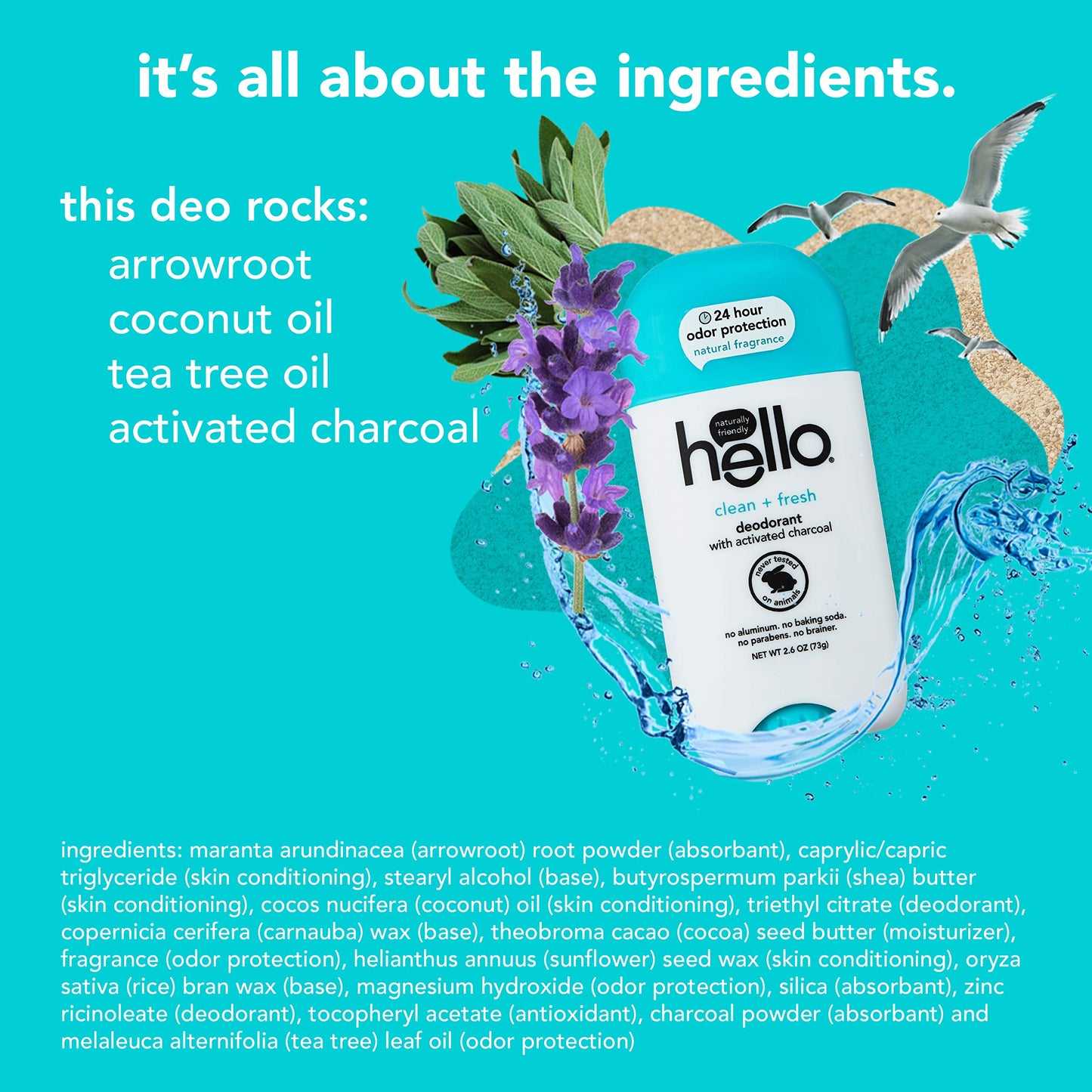 hello Activated Charcoal Fresh and Clean Deodorant for Women and Men, Aluminum Free, Baking Soda Free, Parabens Free, 24 Hour Protection, 2.6 Ounce (Pack of 3)