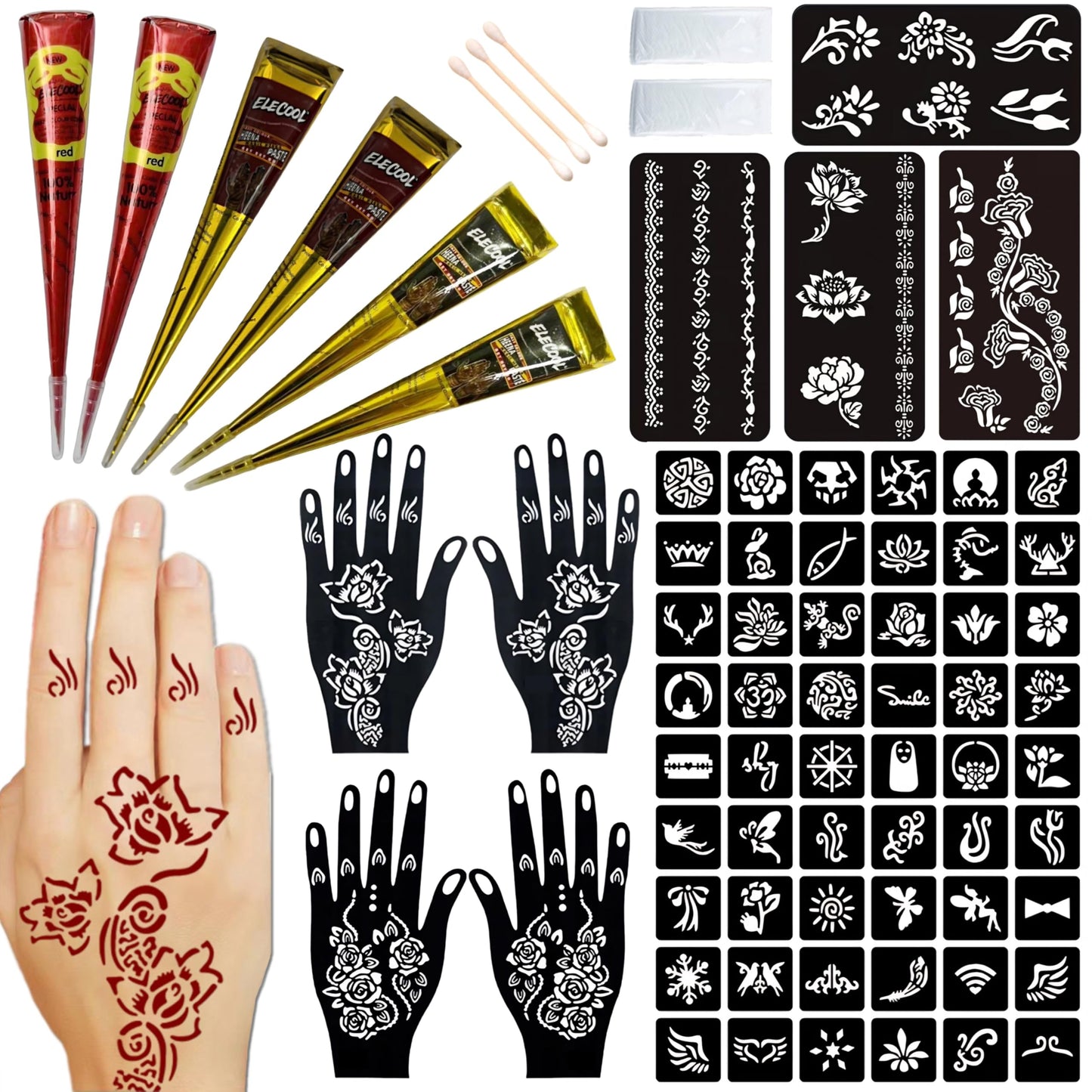 Temporary Tattoo Kit,Temporary Tattoos Stencils Kit (2*Brown,2*Black,2*Red),9 Sheets,Waterproof,DIY Body Art for Women Men