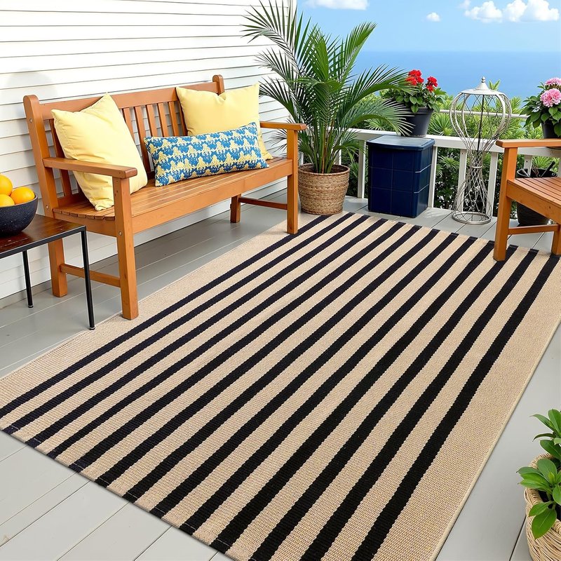Brown and Black Striped Rug | 4' x 6' Washable Cotton Doormat for Indoor & Outdoor Use