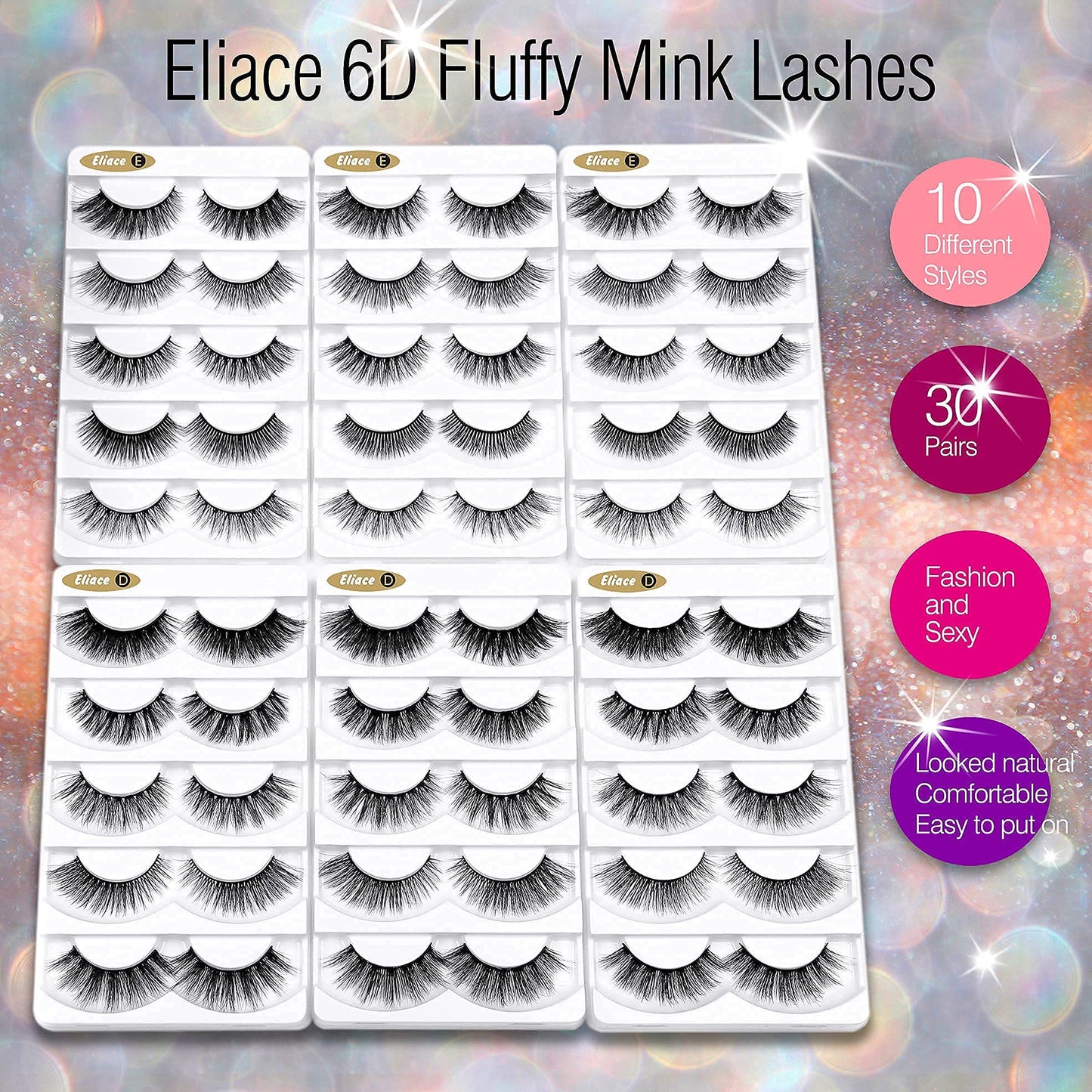 Eliace False Eyelashes Natural look Cat Eye Lashes Wispy Strips,6D Volume Mink lashes 30 Pairs 10 Mixed Styles Fake Eyelashes Pack,Wispy Eyelash Soft Reusable Dramatic Fluffy Beauty Lash Wholesale