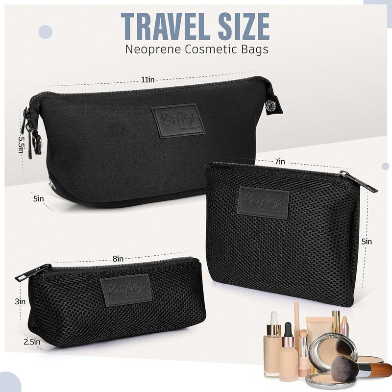 Neoprene Travel Makeup & Cosmetic Bag Set - 2 Air Mesh Pouches | Large Water-Resistant Toiletry Bag (Jet Black)