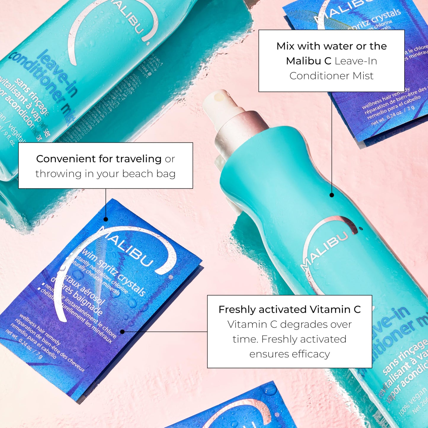 Malibu C Swim Spritz Crystals - Freshly Activated Vitamin C Hair and Skin Spray for Post-Swim Chlorine Removal - 100% Vegan and Cruelty-Free (12 Packets)