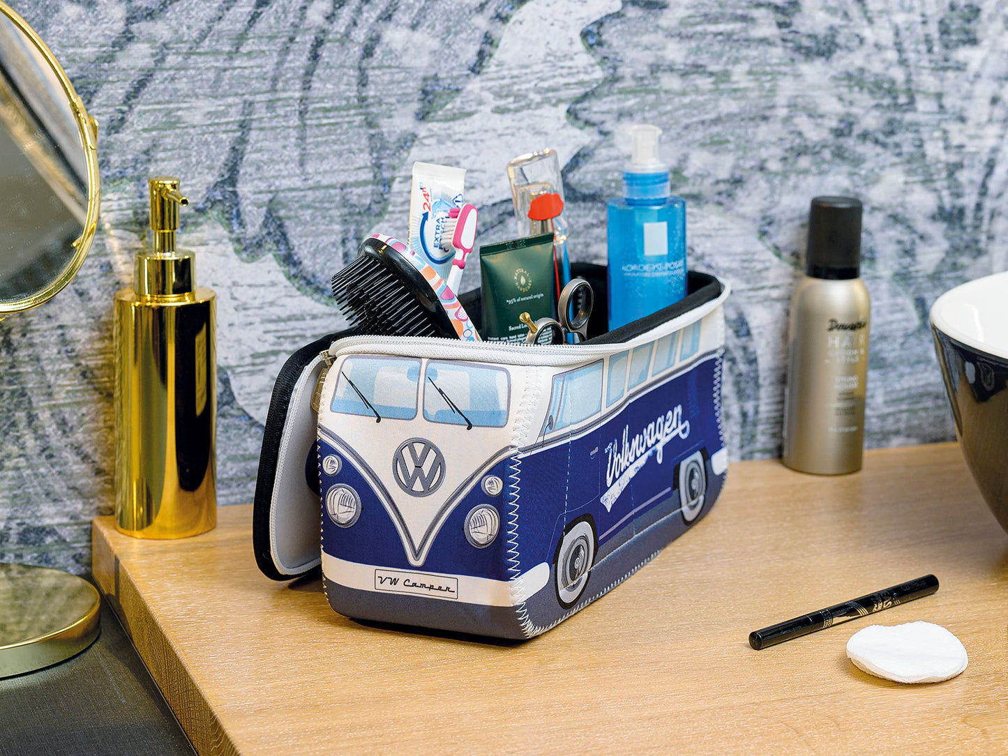 BRISA VW Collection - Volkswagen Neoprene Universal Makeup Cosmetics Toiletry Travel Pharmacy Bag in T1 Bus Design (Blue) (Large (11.8 x 5.5 x 4.7 inches))