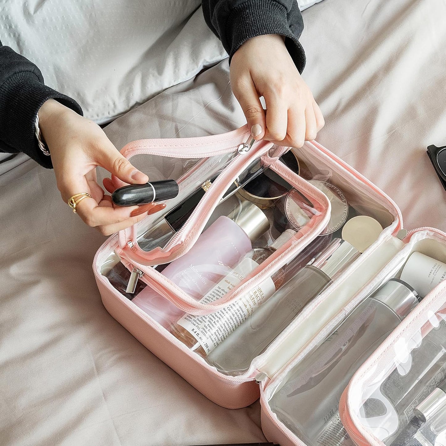 TSA Approved Clear Toiletry Bag - Waterproof Travel Makeup Organizer for Women | Large Pink Cosmetic Bag