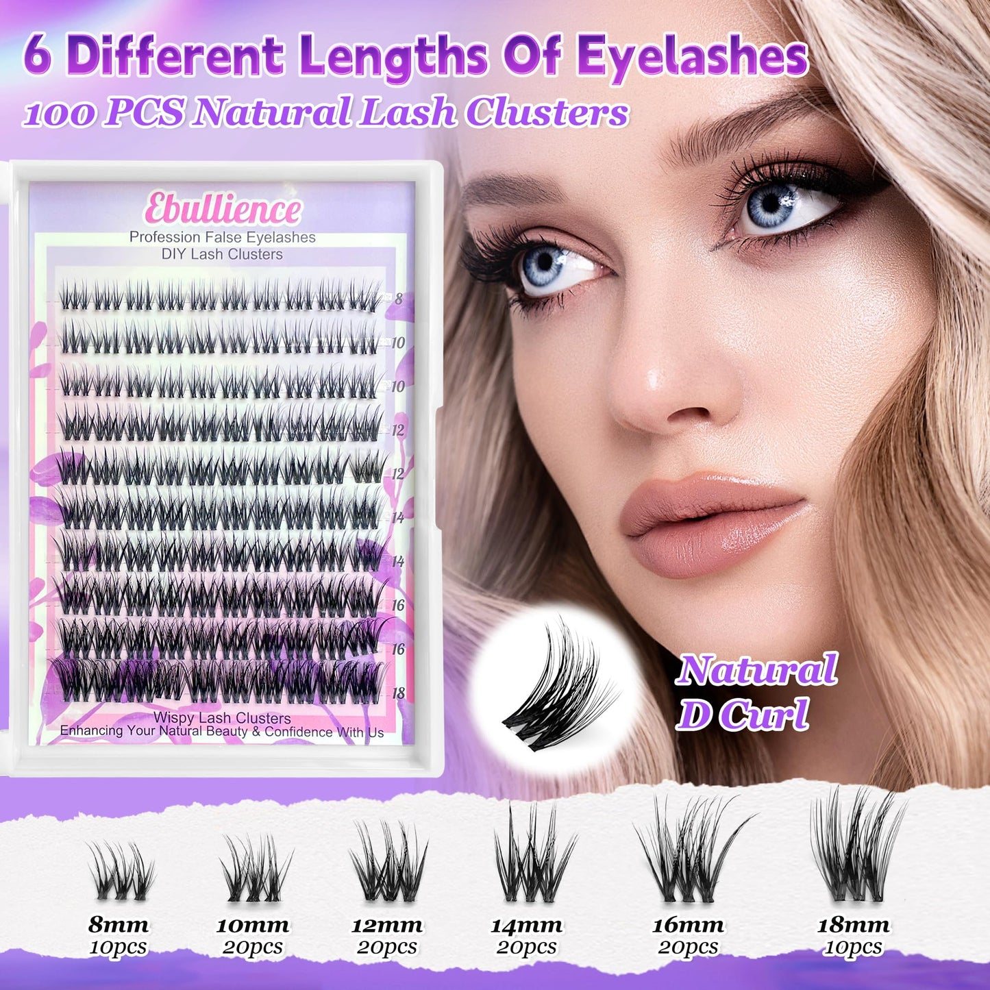Lash Clusters D Curl Invisible Soft Ultra-Thin Band Clusters Lashes Eyelashes Individual Lashes DIY Lash Extensions at Home False Lashes Wide Band Wispy Eye Lash Clusters 0.06D 8-18 MIX 100pcs
