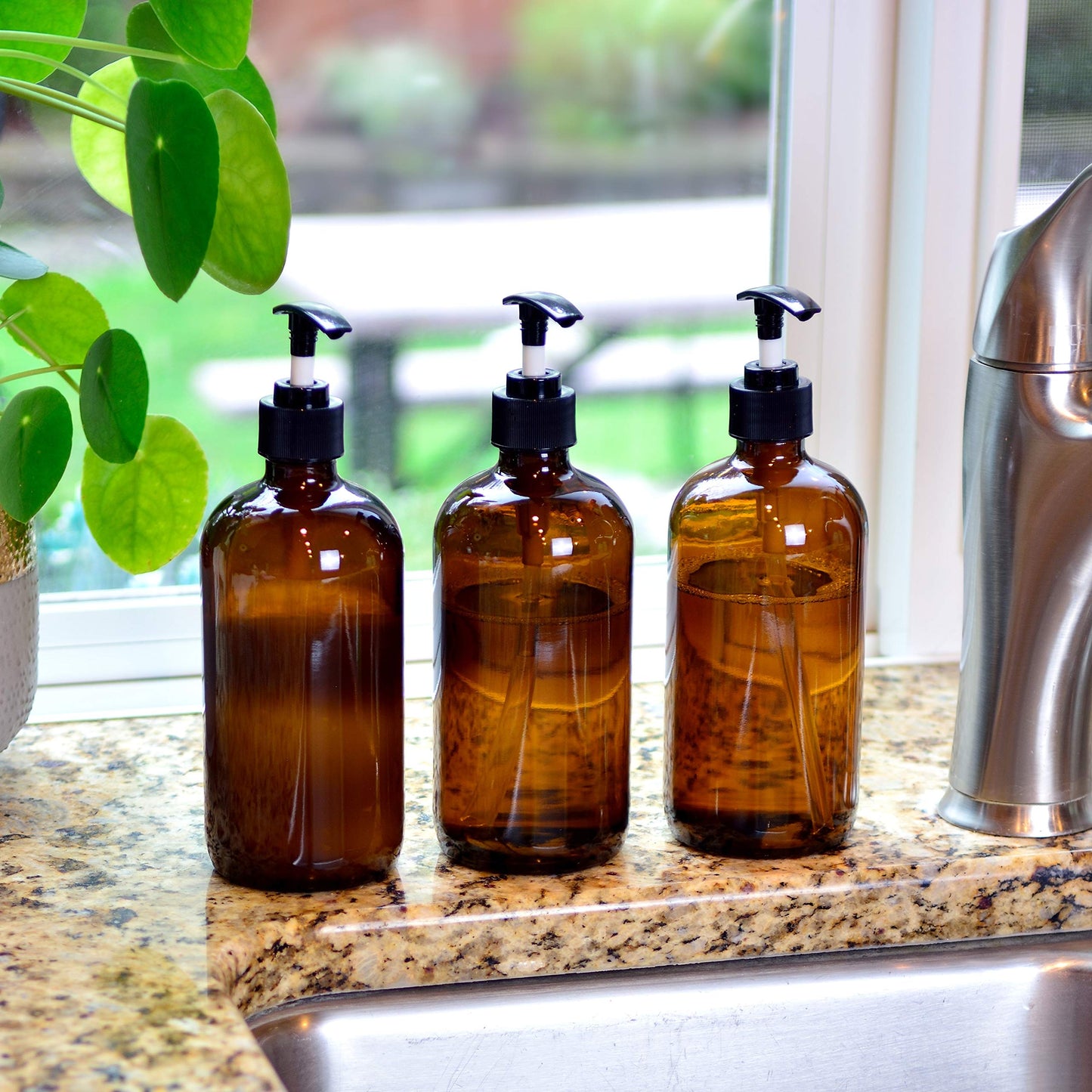 Youngever 6 Pack Empty Amber Glass Pump Bottles, 6 Pack 16 Ounce Pump Bottles, Soap Dispenser, Refillable Containers