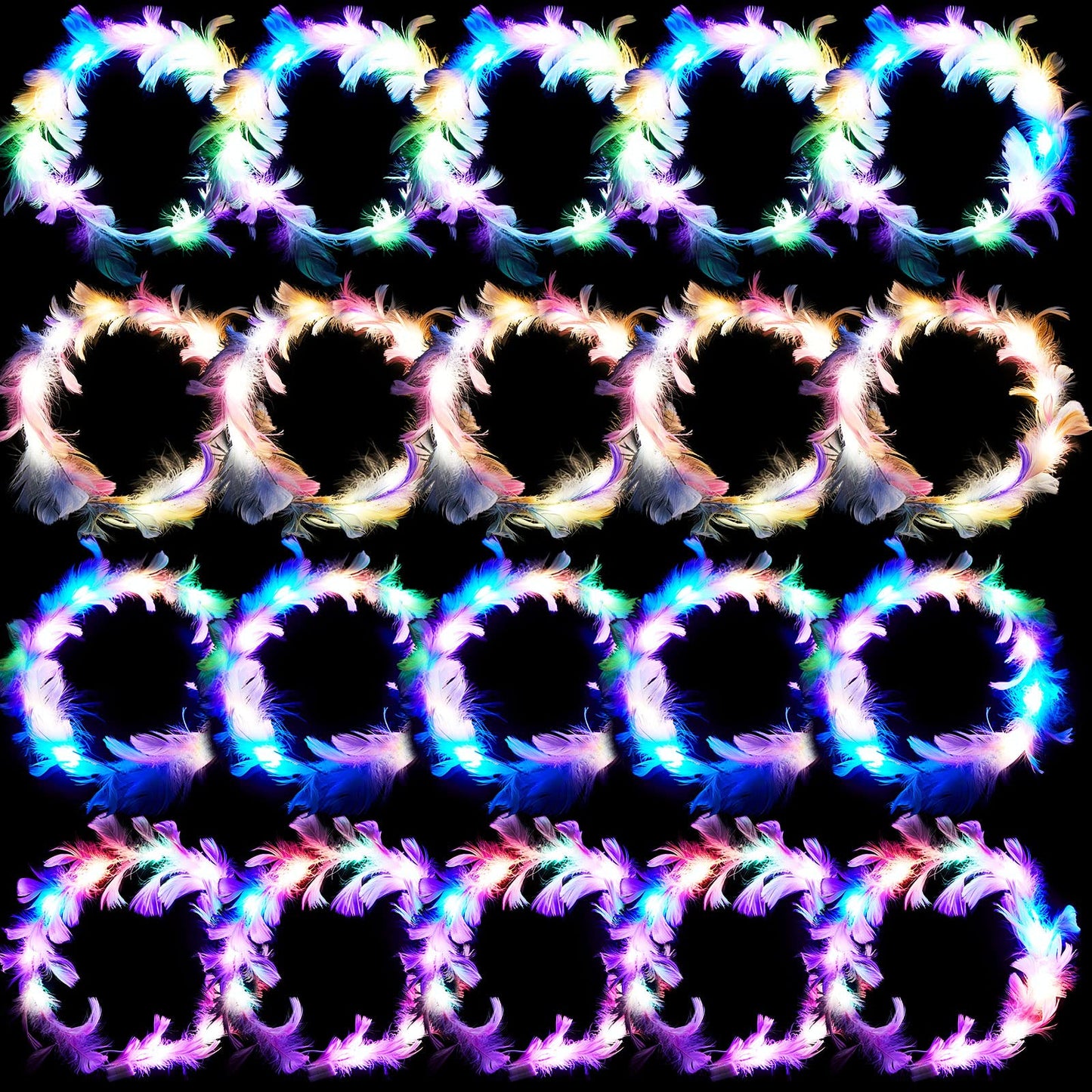 Taiyin 20 Pieces LED Feather Crown Headbands Light up Wreath Headband Flower Crowns for Women Glow in The Dark Headband for Wedding Reception Mardi Gras Cosplay Party Favors (Colorful)