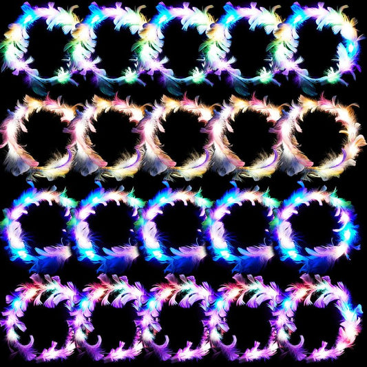 Taiyin 20 Pieces LED Feather Crown Headbands Light up Wreath Headband Flower Crowns for Women Glow in The Dark Headband for Wedding Reception Mardi Gras Cosplay Party Favors (Colorful)