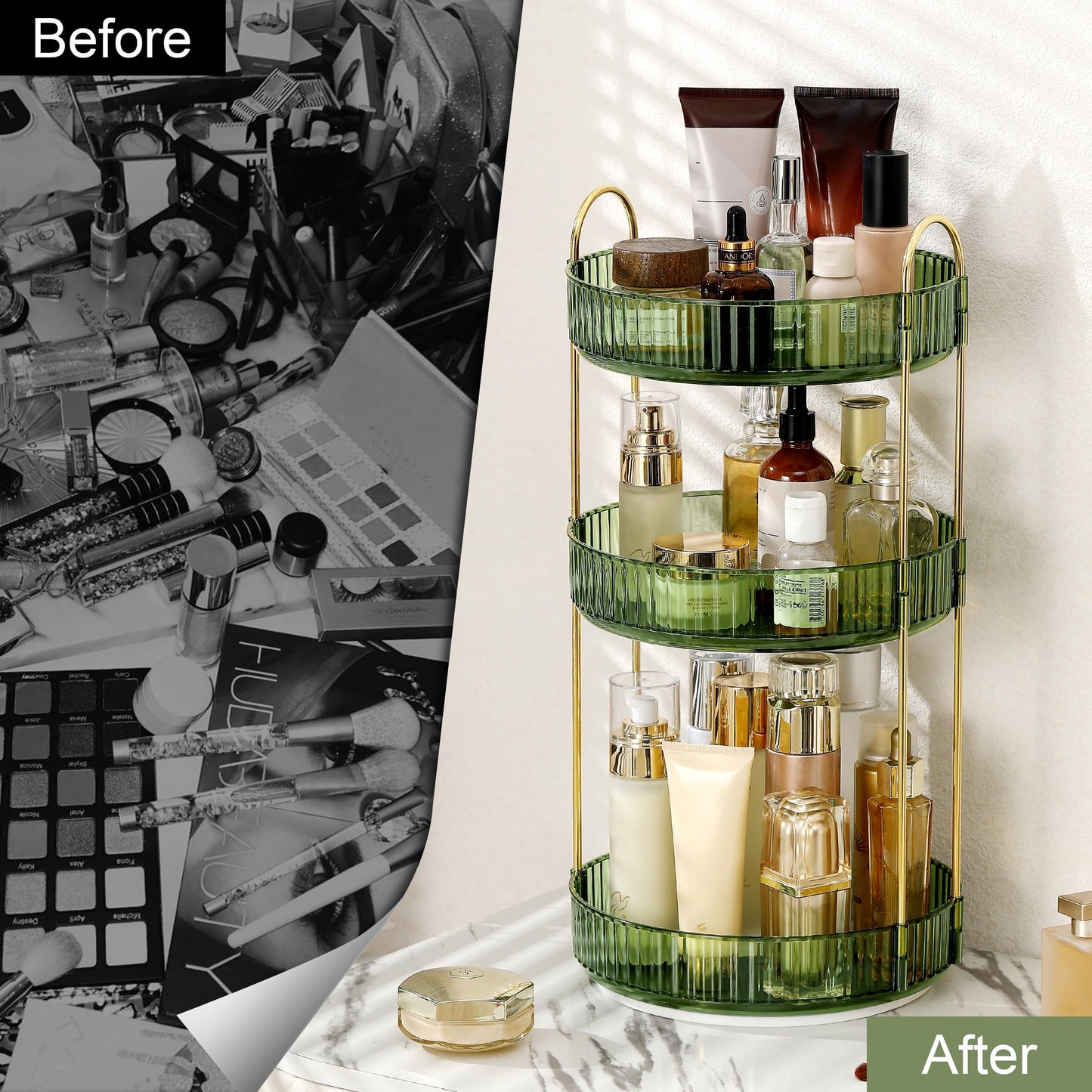 Weidace 360 Rotating Makeup Organizer for Vanity, Bathroom Countertop Spinning Perfume Organizer, High-Capacity Cosmetic and Skincare Dresser Make Up Holder Rack (3 Tiers, Green)