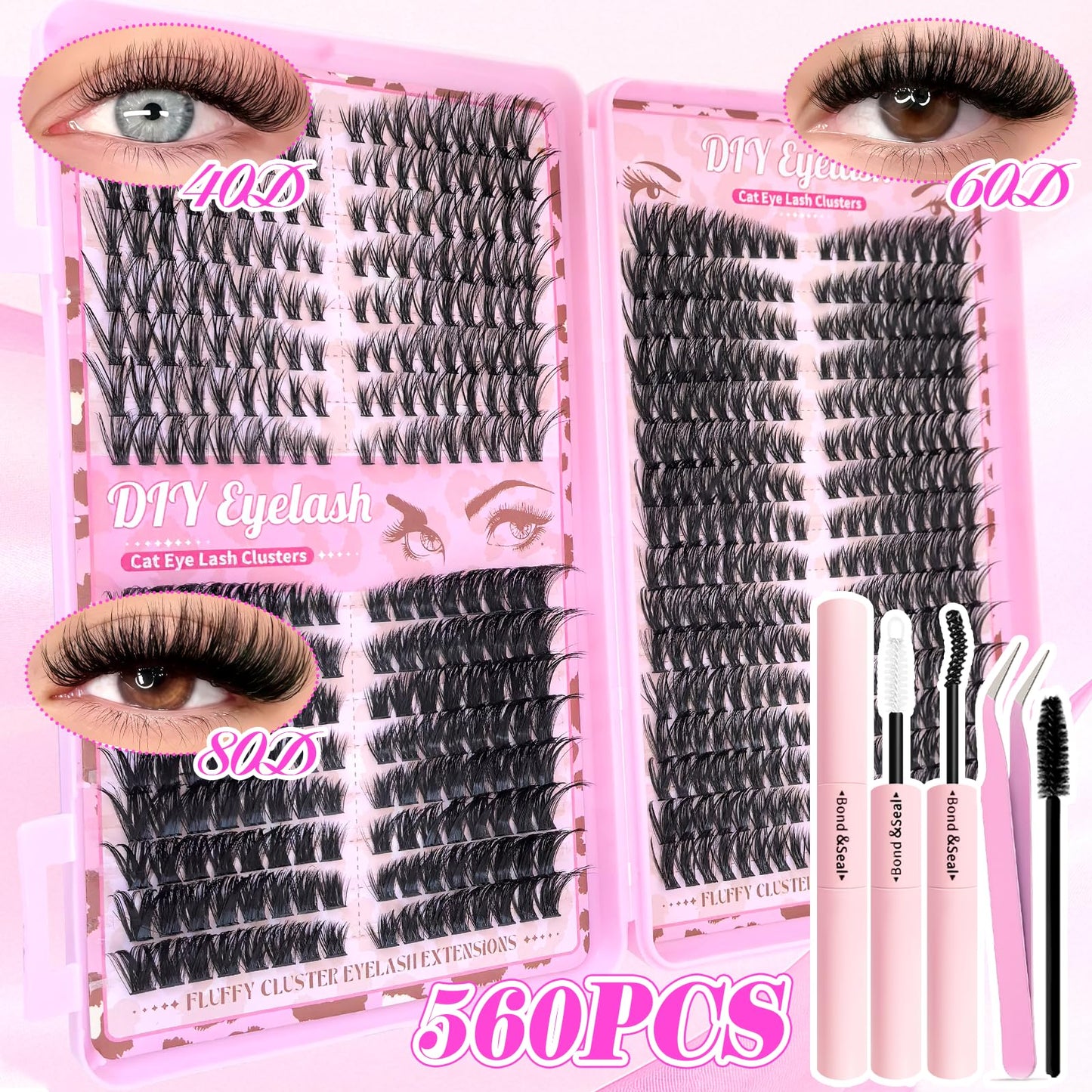 Lash Clusters Kit, Natural 560 Pcs Cluster Eyelash Extensions Kit 9-16mm Individual Lash Extensions Kit D Curl Fluffy Wispy False Eyelashes 40D+60D+80D Kit,With Bond & Seal Tweezers Brush for beginner