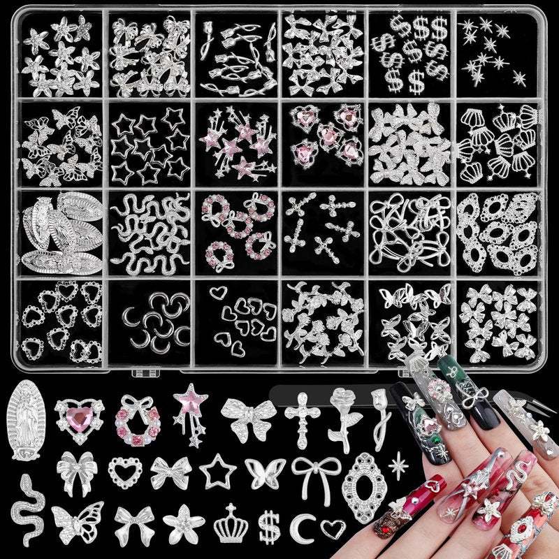 220Pcs Silver Nail Charms, 24 Styles 3D Cross Nail Charms Pink Heart Nail Rhinestones Bow Butterfly Star Crown and Virgin Mary Y2K Shiny Jewelry with Tweezer for Nail Art Supplies