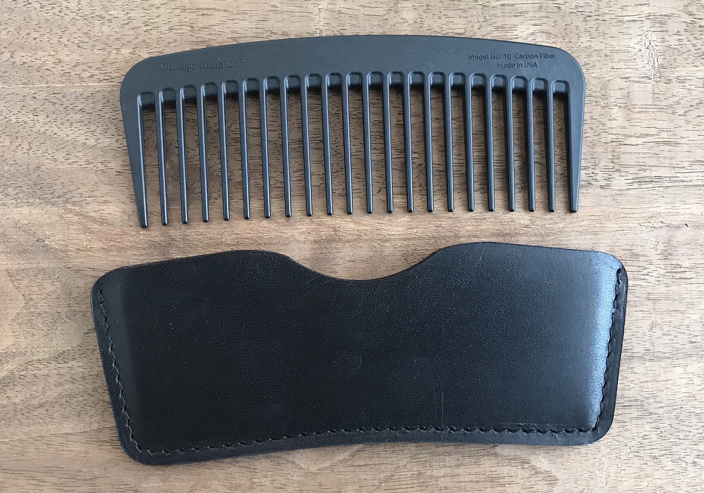 Chicago Comb Model 10 Carbon Fiber + Black Horween Leather Sheath, Wide Tooth, Made in USA
