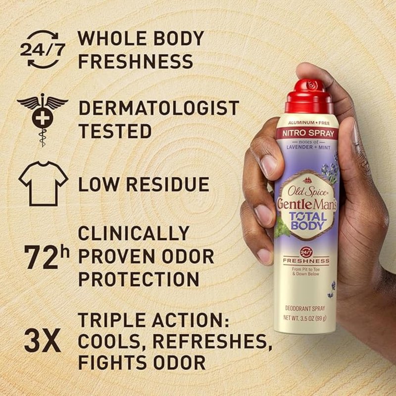 Old Spice Whole Body Deodorant for Men, Total Body Deodorant, Lavender + Mint, Aluminum Free Deodorant Spray for 24/7 Freshness Whole Body Deo 3.5 oz (Pack Of 3)