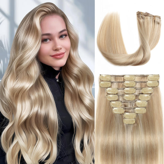 Clip in Hair Extensions Real Human Hair, 14 inch 80g, Balayage Invisible Remy Human hair Clip in Extensions for Women Seamless Straight 8Pcs Double Weft Dark Blonde Highlighted Bleach Blonde