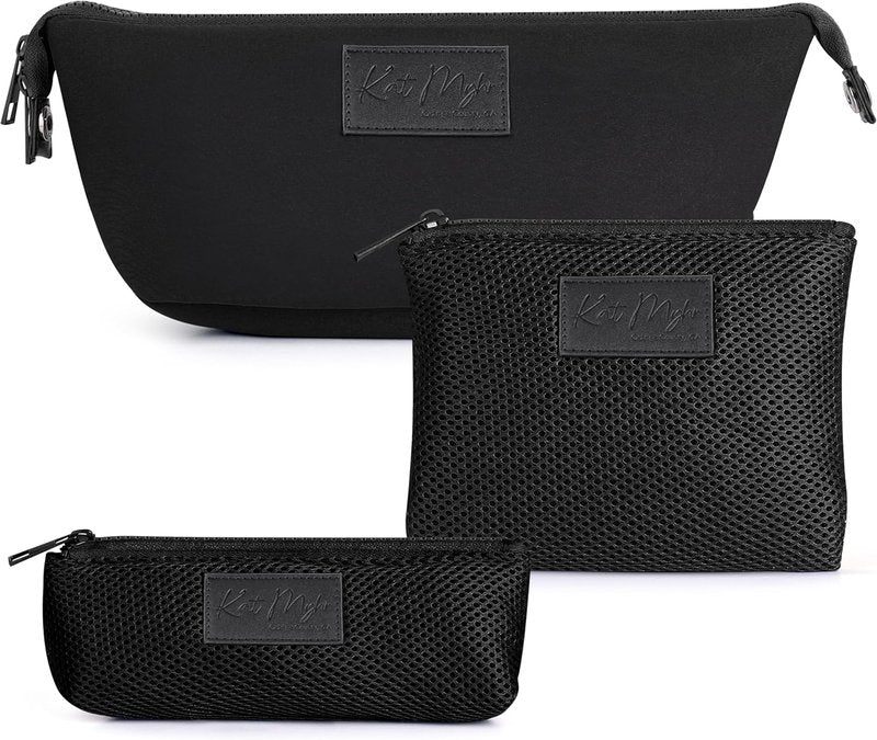 Neoprene Travel Makeup & Cosmetic Bag Set - 2 Air Mesh Pouches | Large Water-Resistant Toiletry Bag (Jet Black)
