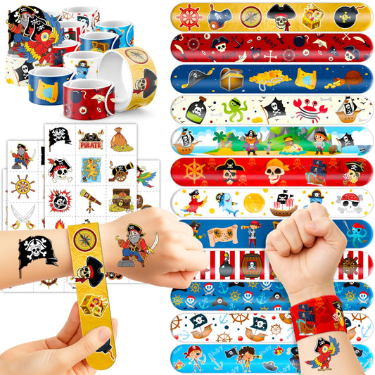 Pirate Party Favors for Kids, 72Pcs Tattoos and Slap Bracelets for Rewards