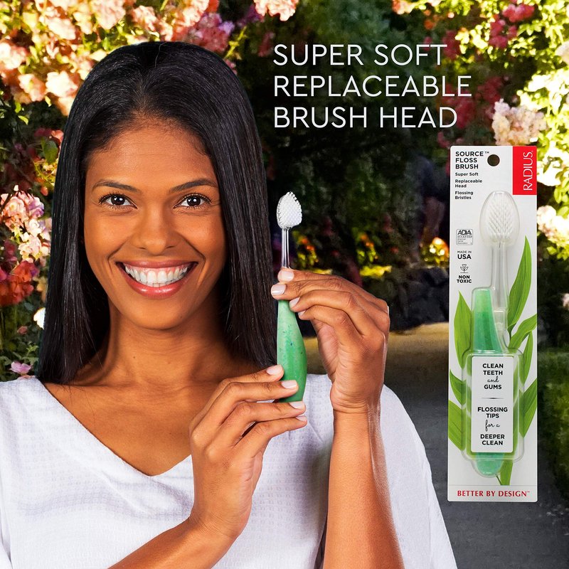 RADIUS Toothbrush Source Floss Brush BPA Free & ADA Accepted Improve Gum Health & Reduce Gum Issues - Super Soft - Cornstarch/Hemp/Money - Pack of 3