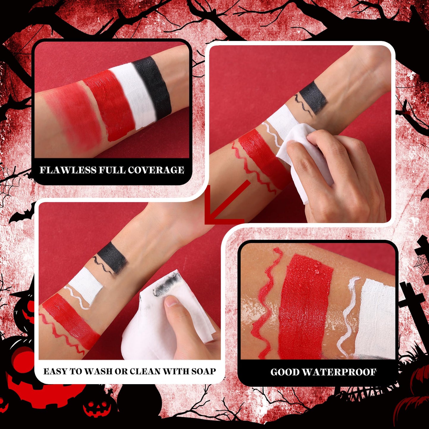 VANERIA Clown Makeup Halloween, Black White Red Cream Face Body Paint for Halloween, SFX Makeup Set with Vampire Teeth & Fake Blood, Clown Art Theater With Brushes
