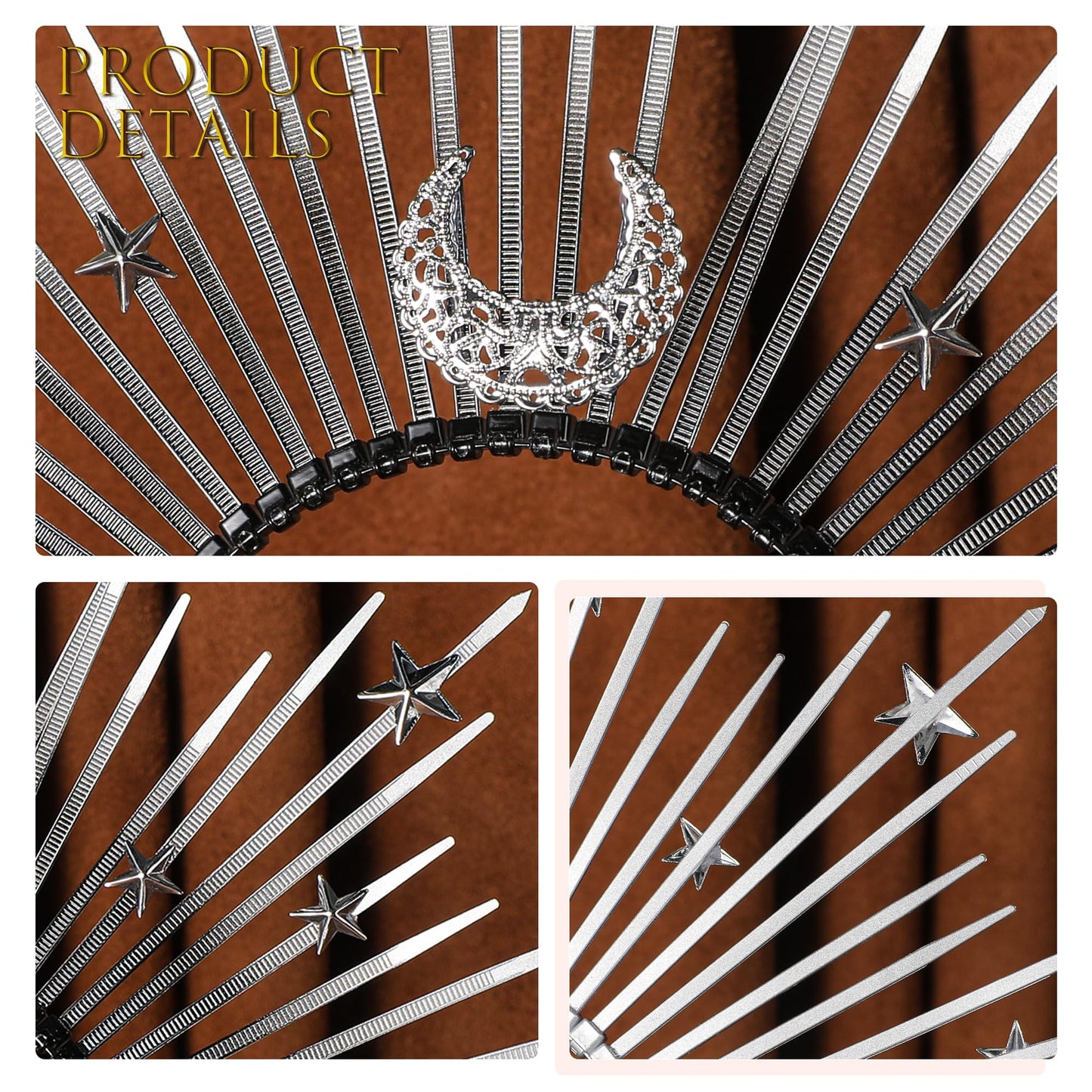 COSUCOS Moon Star Halo Crown - Dark Spiked Witch Sunburst Halo Sun Headband, Dark Gothic Goddess Headpiece Silver Black Headwear for Women Renaissance Costume Halloween Pageant Cosplay Accessorice