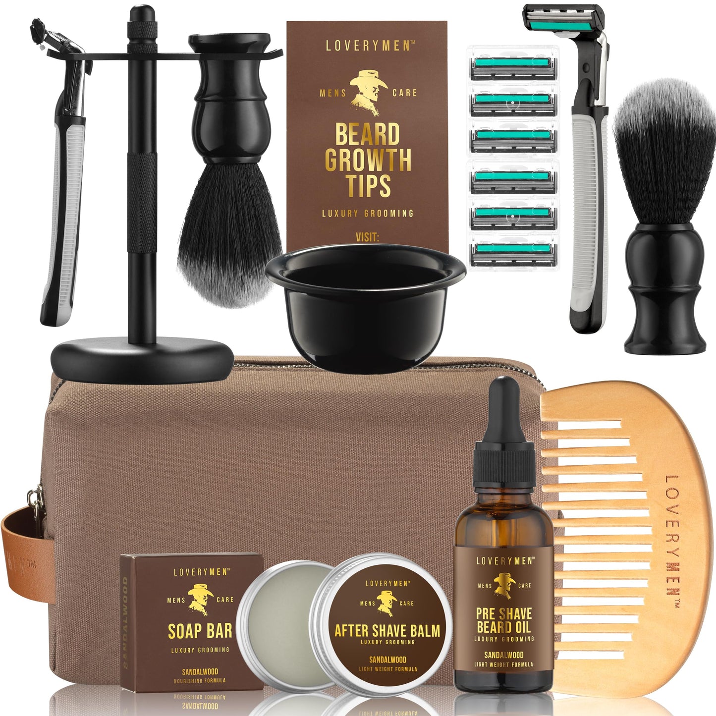 Deluxe Shaving Kit for Men, Gifts for Men, 17pc Shaving Brush Kit with Double Edge Safety Razor, Razor Blades, Sandalwood Bar Soap, Preshave Beard Oil & More, Mens Beard Kit, Birthday Gift