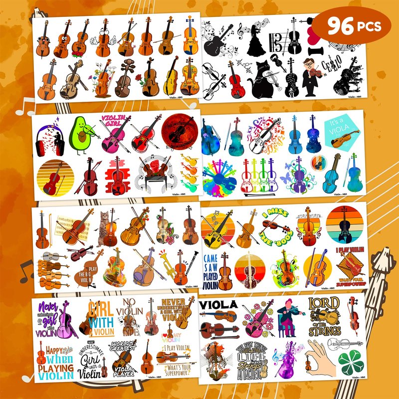 96PCS Violin Temporary Tattoos Music Themed Birthday Party Decorations Favors Supplies Decor Musical Instrument Orchestral Violinist Tattoo Stickers Gifts For Kids Boys Girls School Prizes Carnival