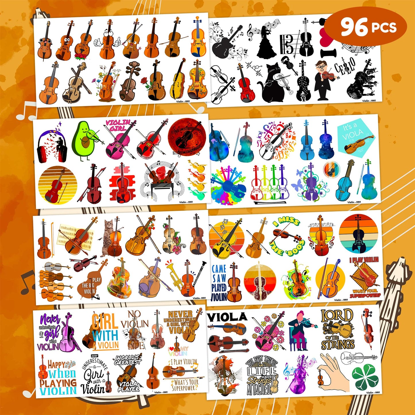 96PCS Violin Temporary Tattoos Music Themed Birthday Party Decorations Favors Supplies Decor Musical Instrument Orchestral Violinist Tattoo Stickers Gifts For Kids Boys Girls School Prizes Carnival