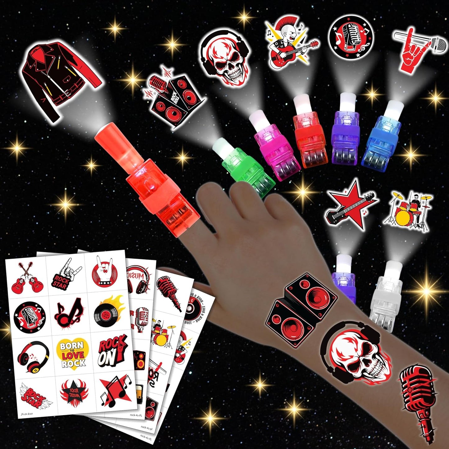 Rock Party Favors - 72 PCS LED Finger Lights & Tattoos Combo | Glow in the Dark Goodie Bag Fillers for Kids