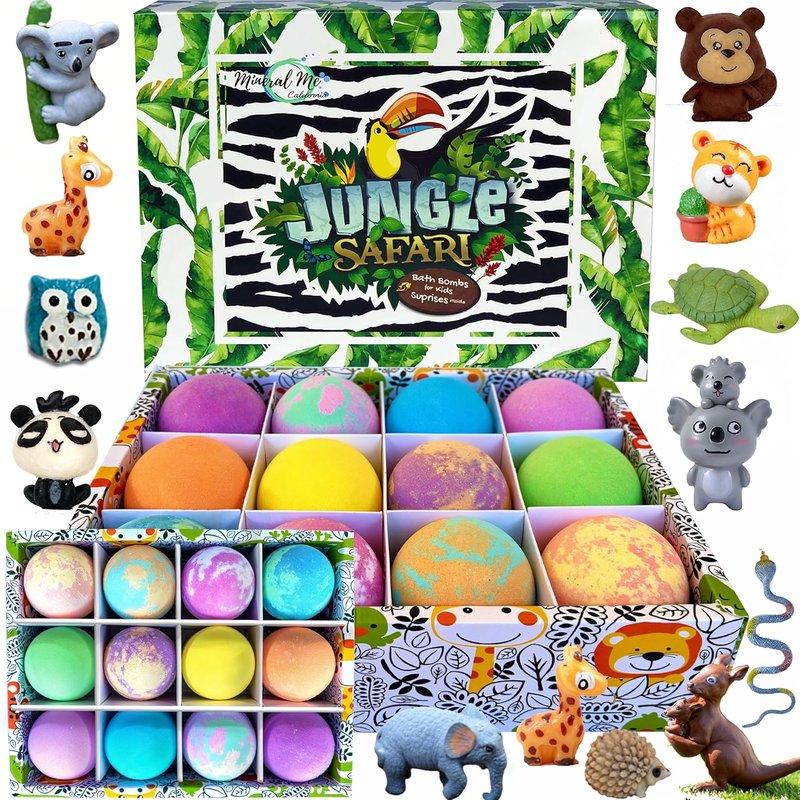 Bath Bombs for Kids - 12 Jungle Animal Surprise Fizzies | Moisturizing & Gentle Rainbow Spa Experience