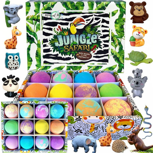 Bath Bombs for Kids - 12 Jungle Animal Surprise Fizzies | Moisturizing & Gentle Rainbow Spa Experience