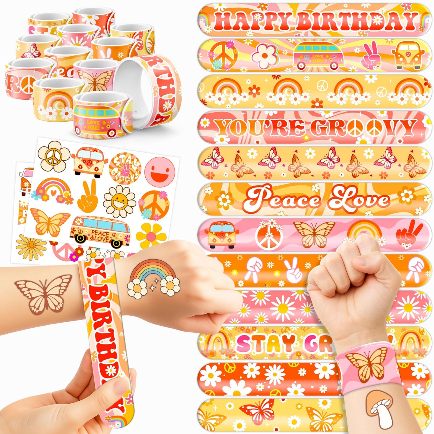 Cherisnowy 48PCS Groovy Party Set - 24PCS Temporary Tattoos & 24PCS Slap Bracelets - 70s Retro Birthday Supplies, Baby Shower Gifts, Classroom Rewards & Party Decor for Kids (Boys & Girls)