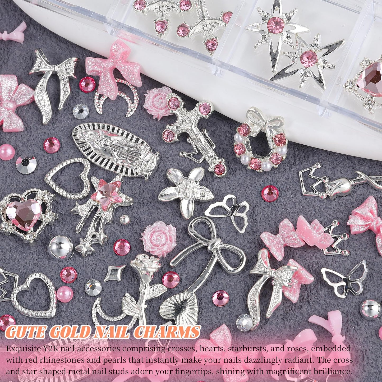 5Boxes Silver Nail Charms and Gems Kit, 3D Metal Flower Heart Bow Cross Star Nail Studs Charms for Nails Design, Pink White Flatback Rhinestones and Pearls Mini Caviar Beads with Tweezers for Nail Art