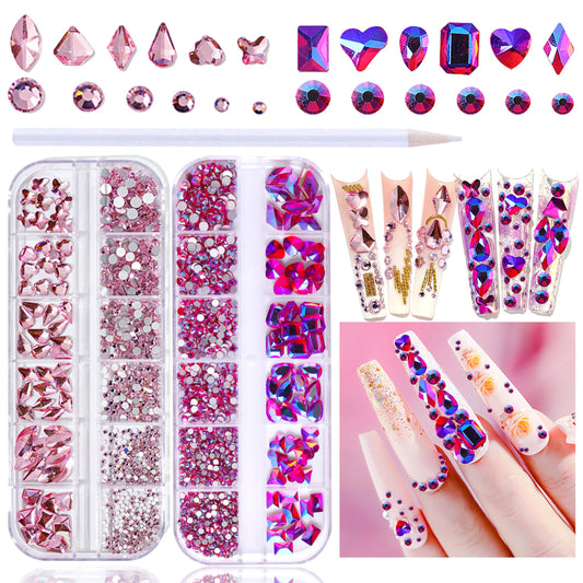 JERCLITY 1620pcs Flat Back Rose AB Nail Rhinestones Pink Nail Rhinestones for Nails Round Beads Crystals Glass Gems Stones Multi Shapes Sizes Nail Rhinestones for Nail Face Art Clothes Shoes Bags DIY