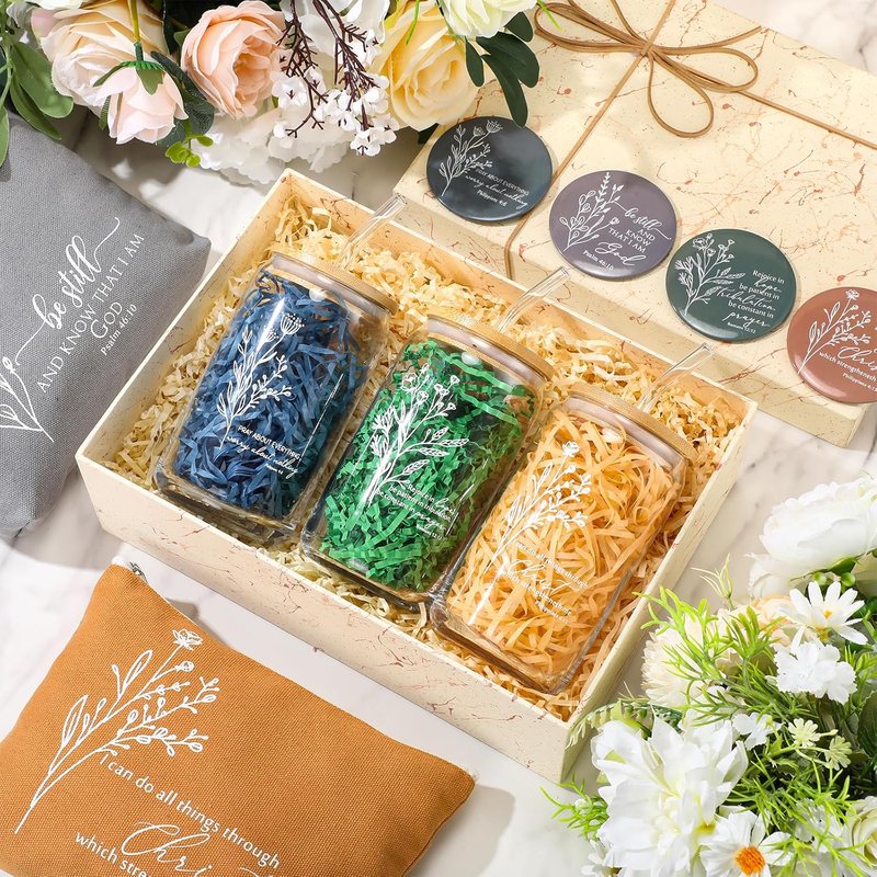 Christian Gift Set for Women - 4-Piece Religious Makeup Bag, Bible Verse Glass Cup & Compact Mirror | Neutral Colors